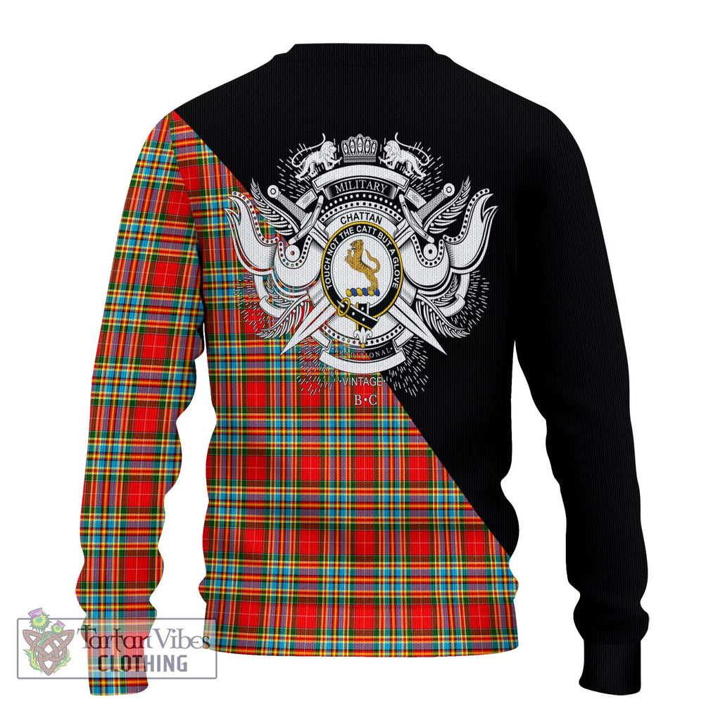 Chattan Tartan Knitted Sweater with Family Crest and Military Logo Style - Tartanvibesclothing Shop