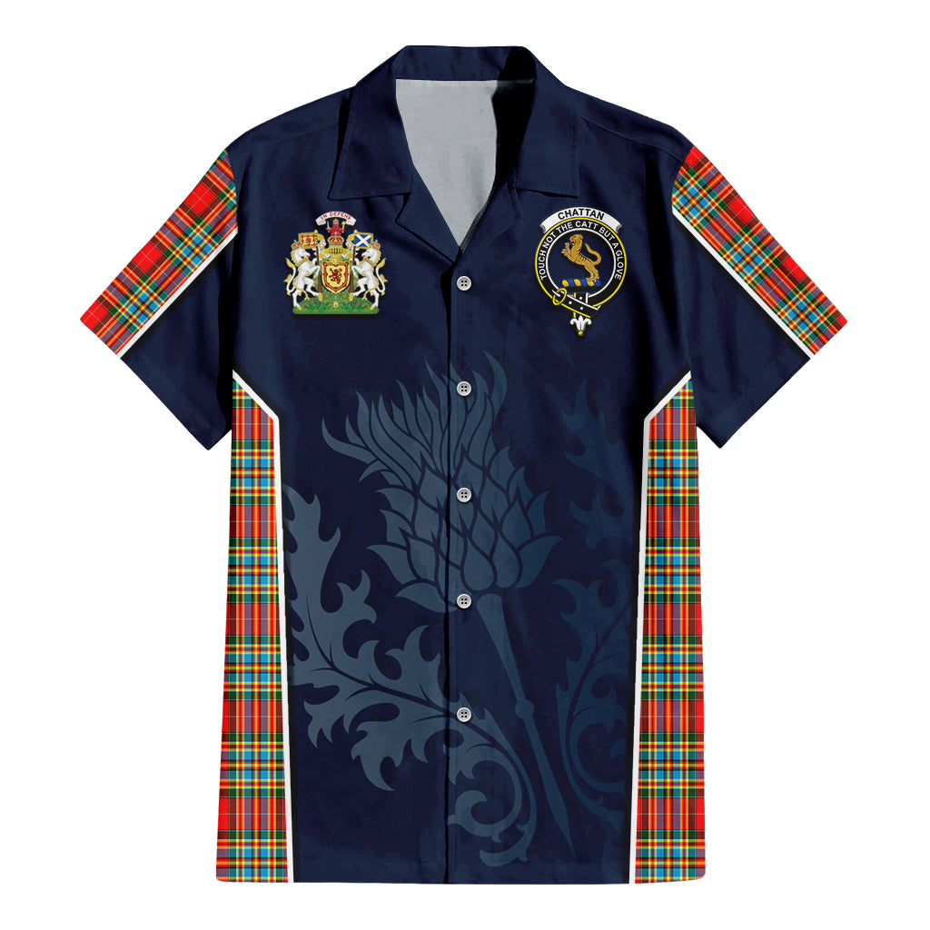 Tartan Vibes Clothing Chattan Tartan Short Sleeve Button Up Shirt with Family Crest and Scottish Thistle Vibes Sport Style
