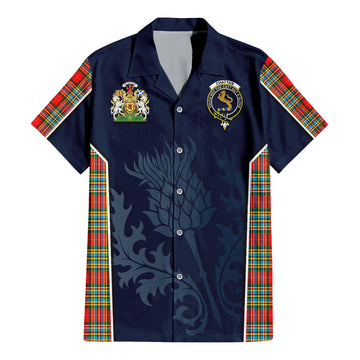 Chattan Tartan Short Sleeve Button Up Shirt with Family Crest and Scottish Thistle Vibes Sport Style