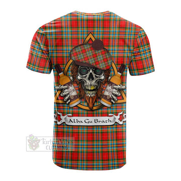 Chattan Tartan Cotton T-shirt with Family Crest and Bearded Skull Holding Bottles of Whiskey