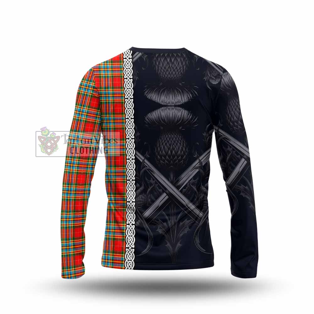 Tartan Vibes Clothing Chattan Tartan Long Sleeve T-Shirt with Family Crest Cross Sword Thistle Celtic Vibes