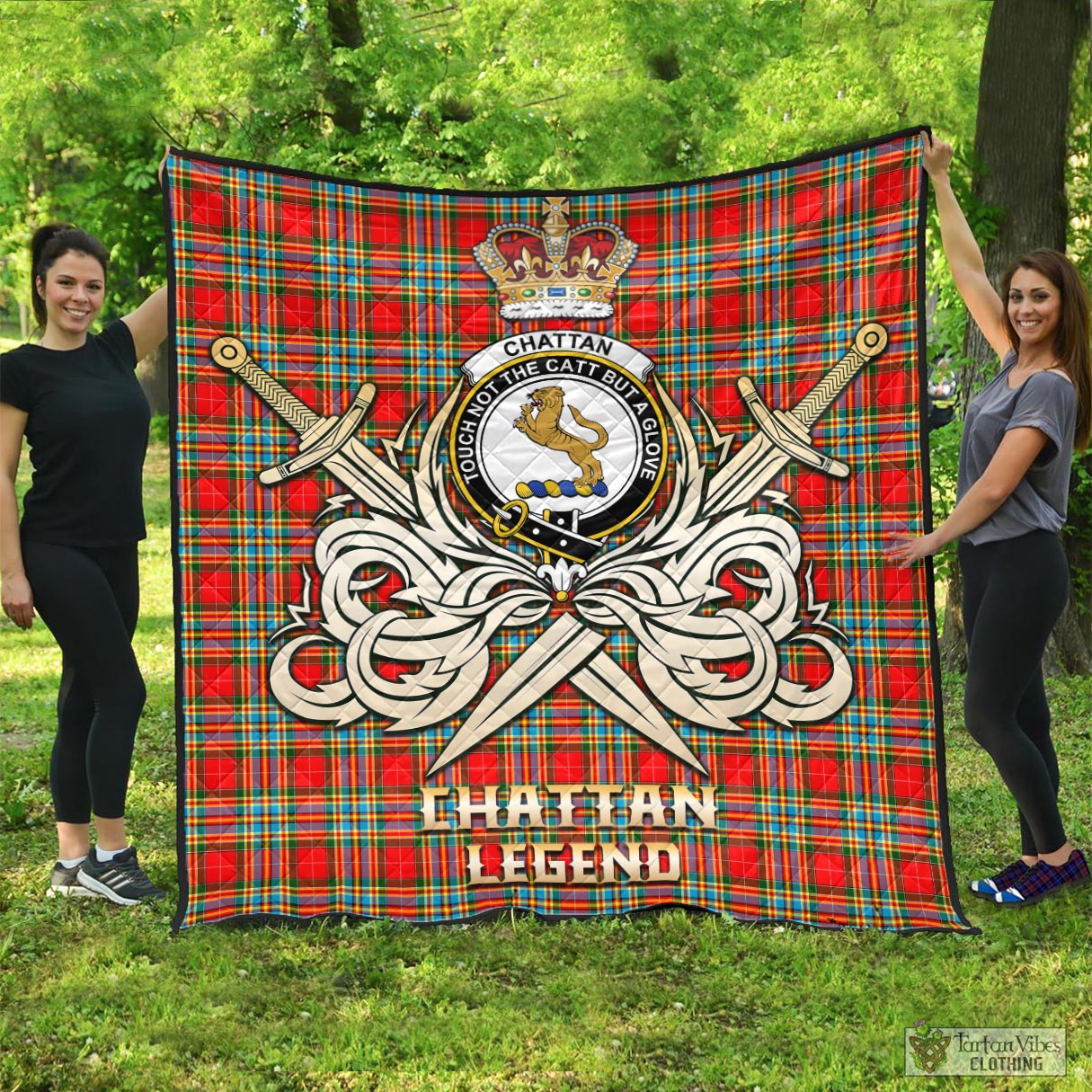 Tartan Vibes Clothing Chattan Tartan Quilt with Clan Crest and the Golden Sword of Courageous Legacy