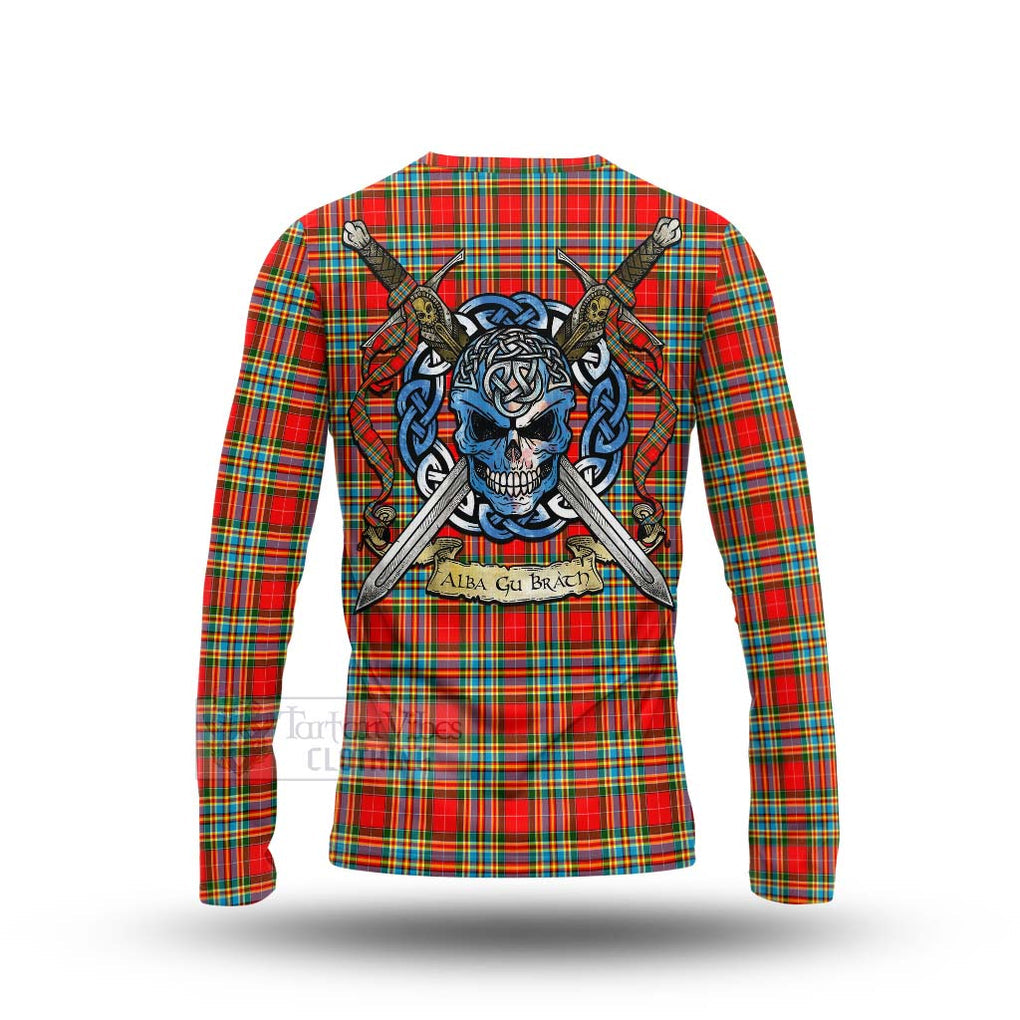 Tartan Vibes Clothing Chattan Tartan Long Sleeve T-Shirt with Family Crest Celtic Skull Style