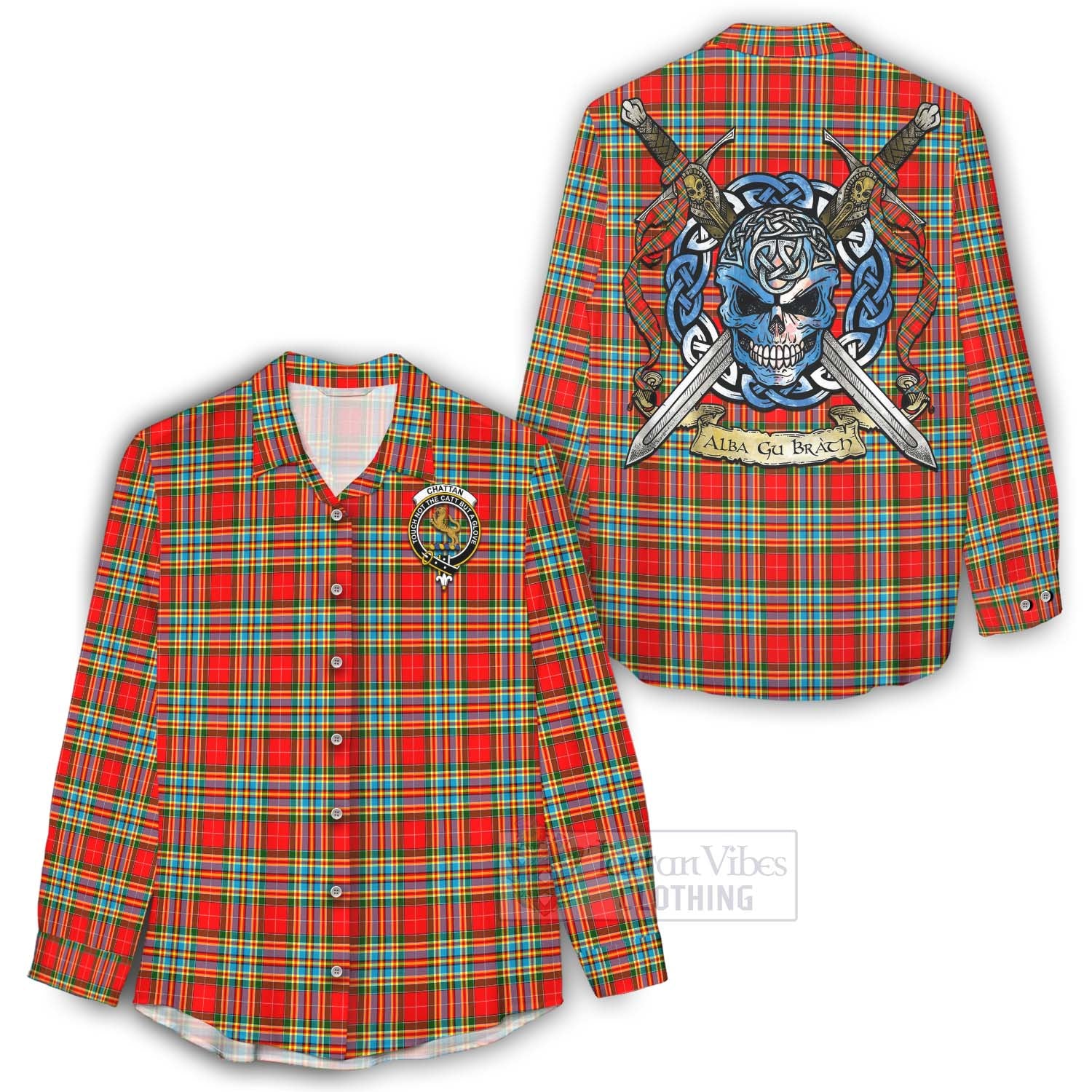 Tartan Vibes Clothing Chattan Tartan Women's Casual Shirt with Family Crest Celtic Skull Style