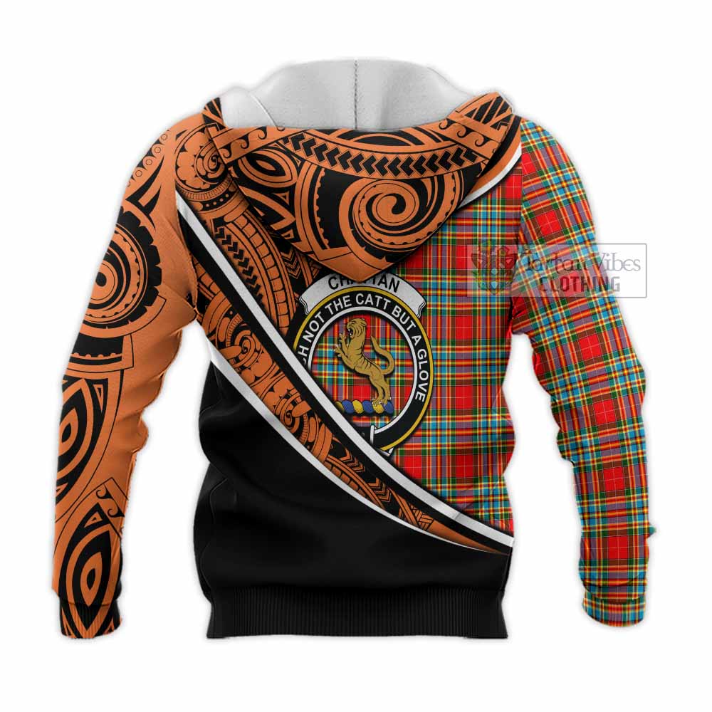 Tartan Vibes Clothing Chattan Crest Tartan Knitted Hoodie with Maori Tattoo Style - Orange Version