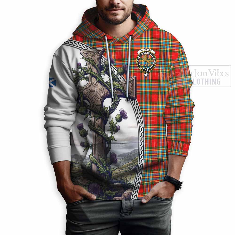 Tartan Vibes Clothing Chattan Tartan Hoodie with Family Crest and St. Andrew's Cross Accented by Thistle Vines