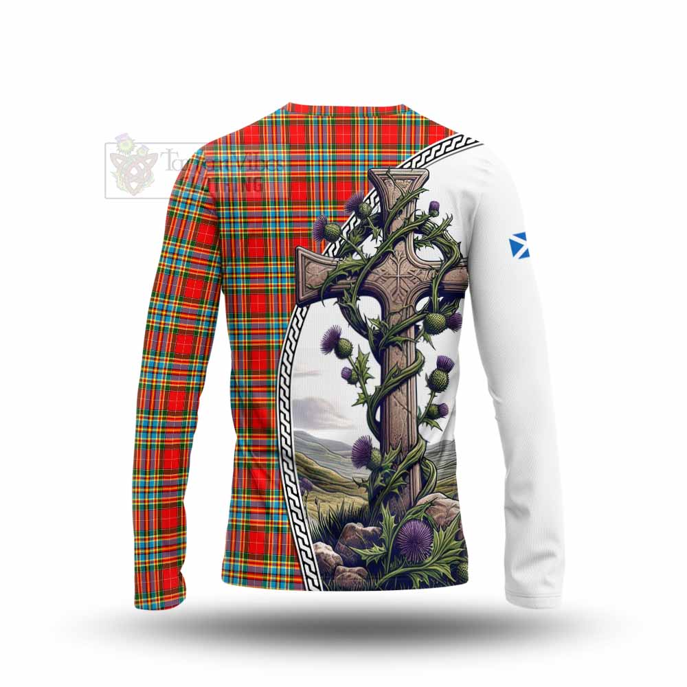 Tartan Vibes Clothing Chattan Tartan Long Sleeve T-Shirt with Family Crest and St. Andrew's Cross Accented by Thistle Vines