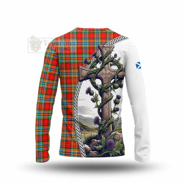 Chattan Tartan Long Sleeve T-Shirt with Family Crest and St. Andrew's Cross Accented by Thistle Vines