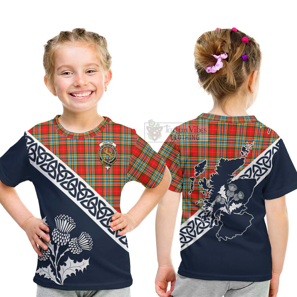 Tartan Vibes Clothing Chattan Tartan Kid T-Shirt Featuring Thistle and Scotland Map