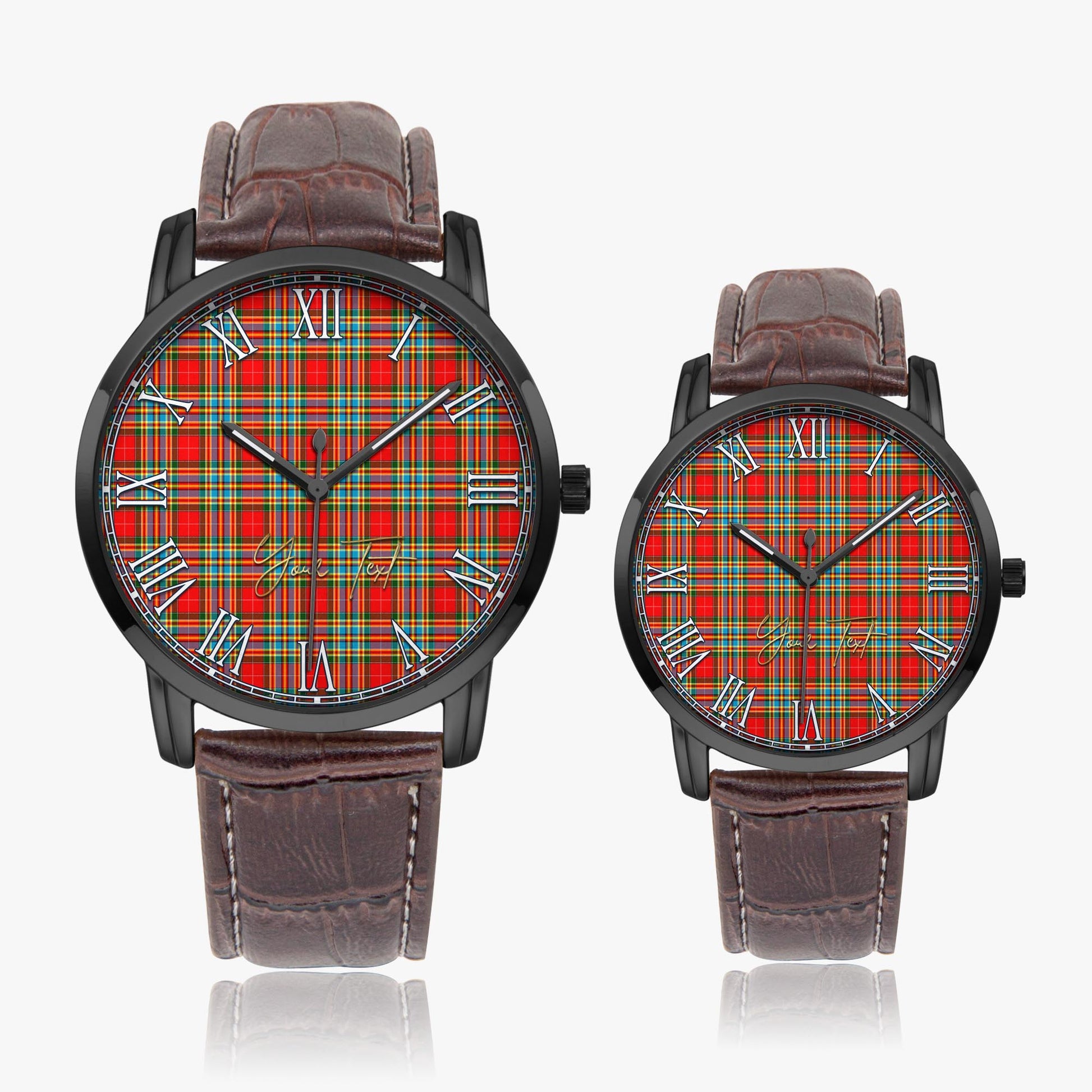 Chattan Tartan Personalized Your Text Leather Trap Quartz Watch Wide Type Black Case With Brown Leather Strap - Tartanvibesclothing
