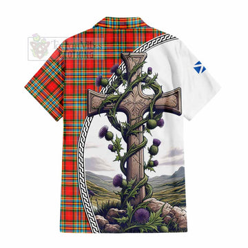 Chattan Tartan Short Sleeve Button Shirt with Family Crest and St. Andrew's Cross Accented by Thistle Vines