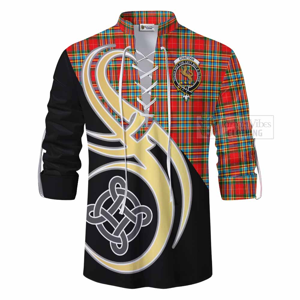 Tartan Vibes Clothing Chattan Tartan Ghillie Kilt Shirt with Family Crest and Celtic Symbol Style