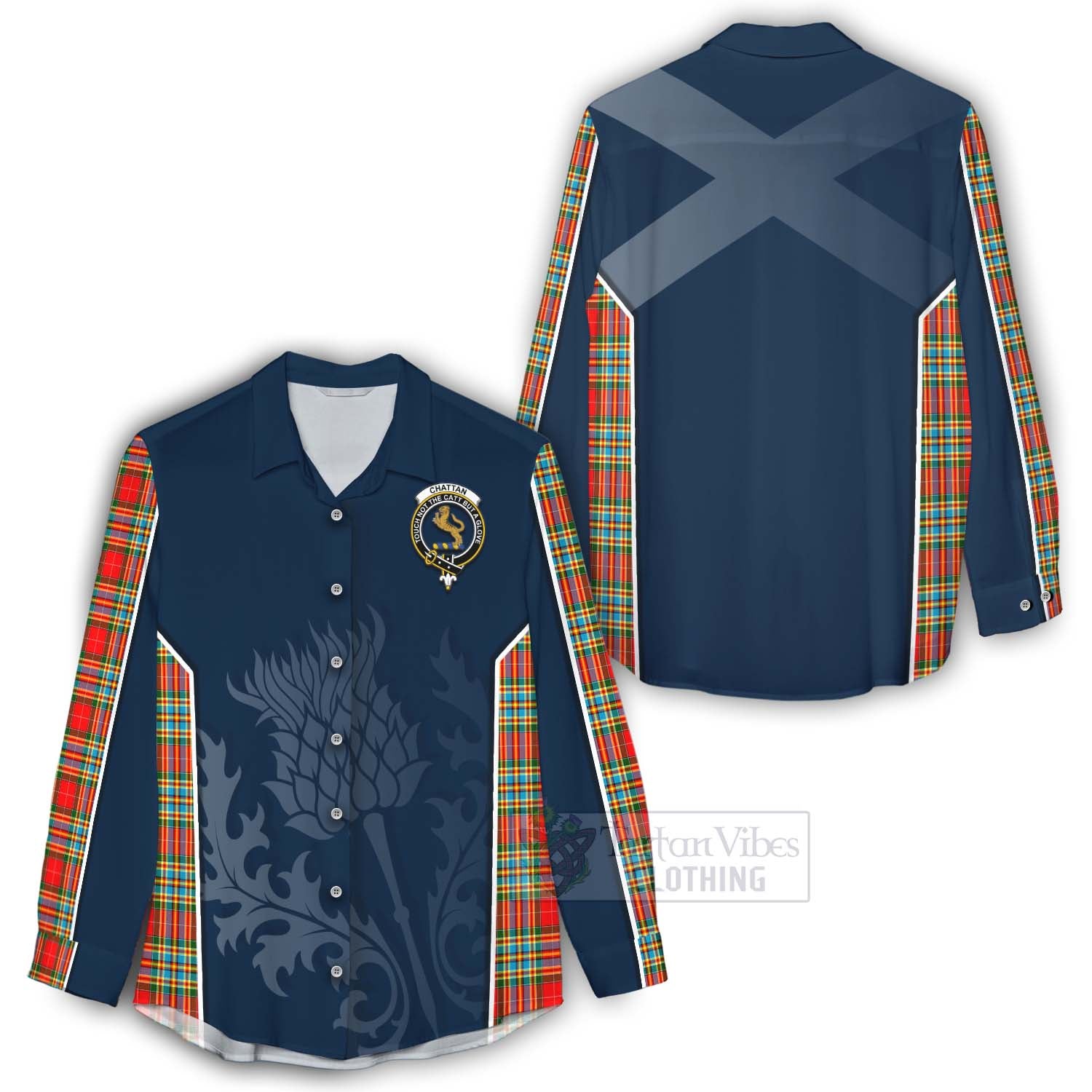 Tartan Vibes Clothing Chattan Tartan Women's Casual Shirt with Family Crest and Scottish Thistle Vibes Sport Style