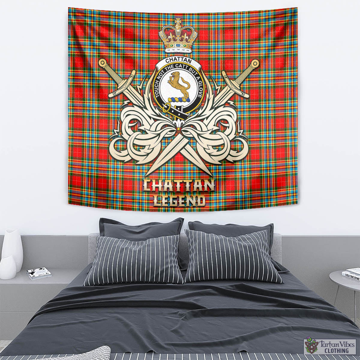 Tartan Vibes Clothing Chattan Tartan Tapestry with Clan Crest and the Golden Sword of Courageous Legacy