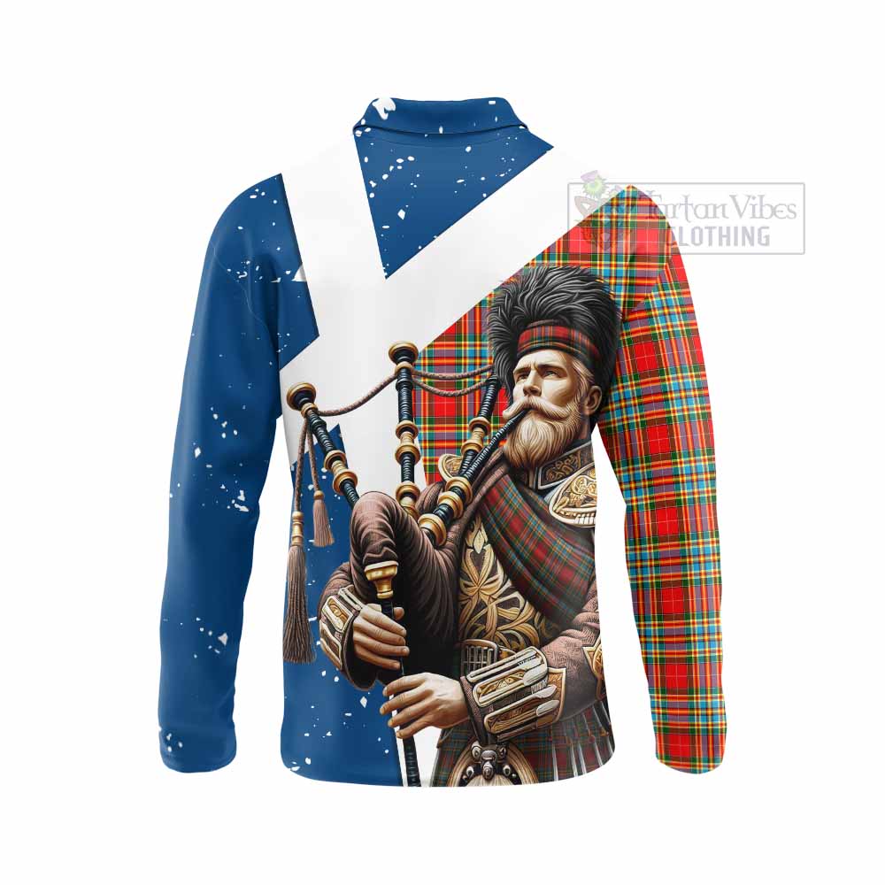 Tartan Vibes Clothing Chattan Tartan Long Sleeve Polo Shirt with Family Crest Scottish Bagpiper Vibes