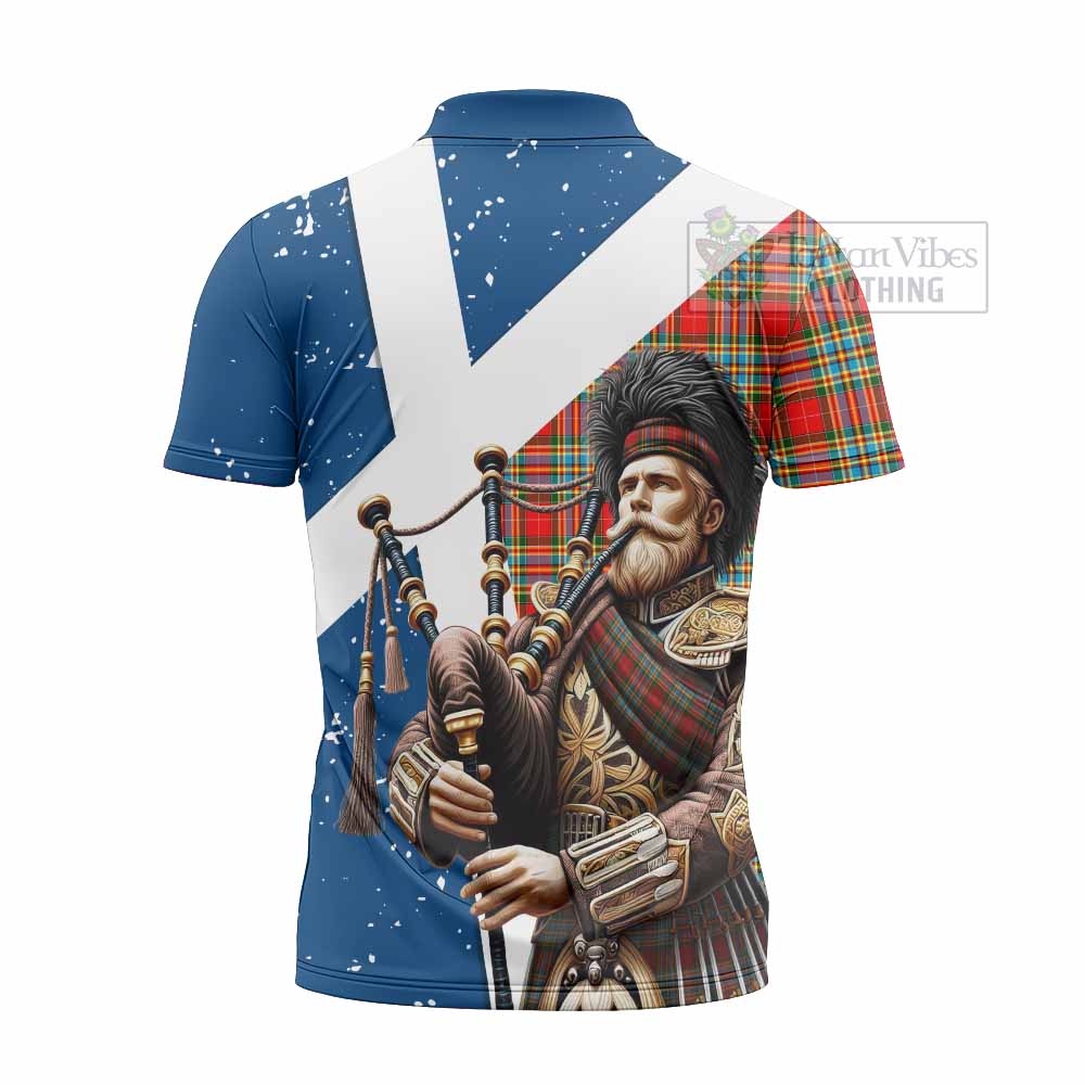 Tartan Vibes Clothing Chattan Tartan Zipper Polo Shirt with Family Crest Scottish Bagpiper Vibes