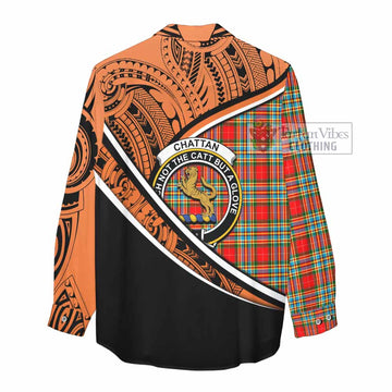 Chattan Crest Tartan Women's Casual Shirt with Polynesian Vibes Style - Orange Version