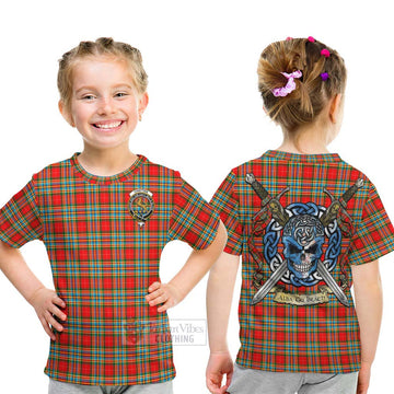 Chattan Tartan Kid T-Shirt with Family Crest Celtic Skull Style