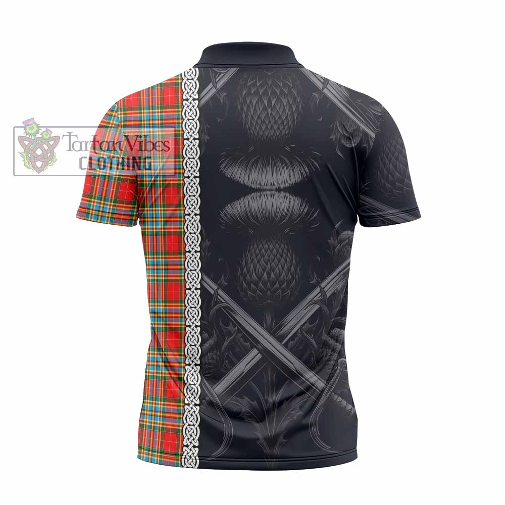 Tartan Vibes Clothing Chattan Tartan Zipper Polo Shirt with Family Crest Cross Sword Thistle Celtic Vibes