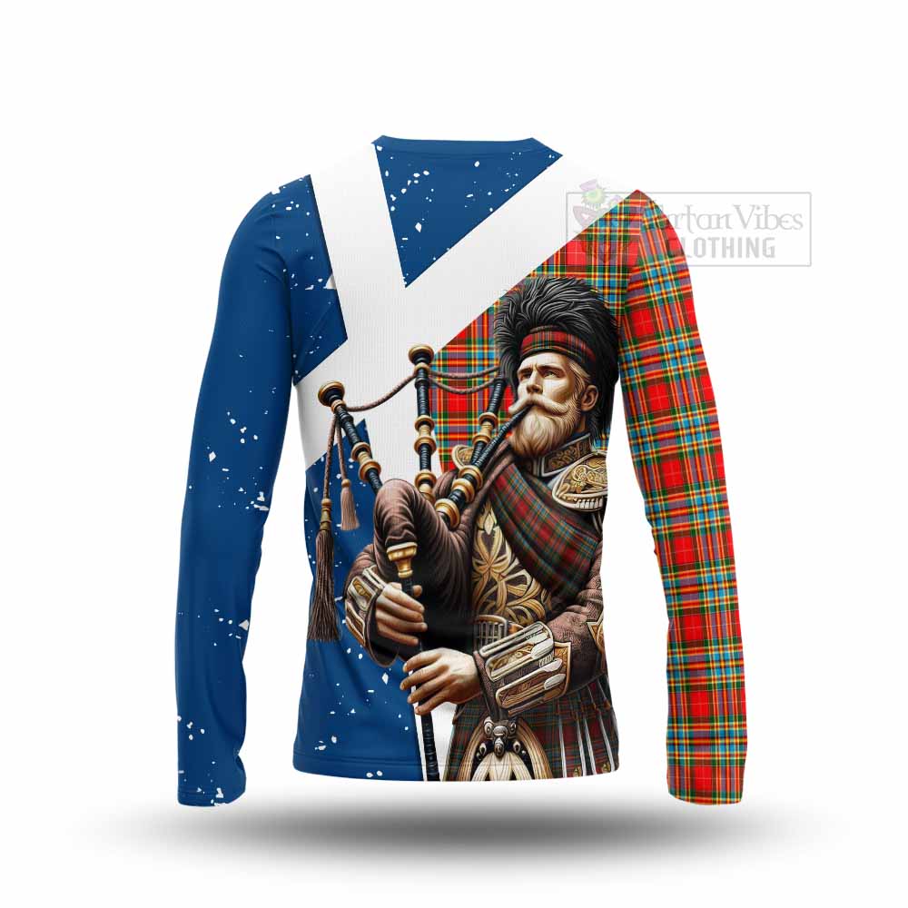 Tartan Vibes Clothing Chattan Tartan Long Sleeve T-Shirt with Family Crest Scottish Bagpiper Vibes