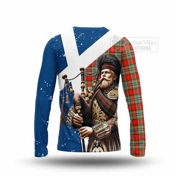 Chattan Tartan Long Sleeve T-Shirt with Family Crest Scottish Bagpiper Vibes