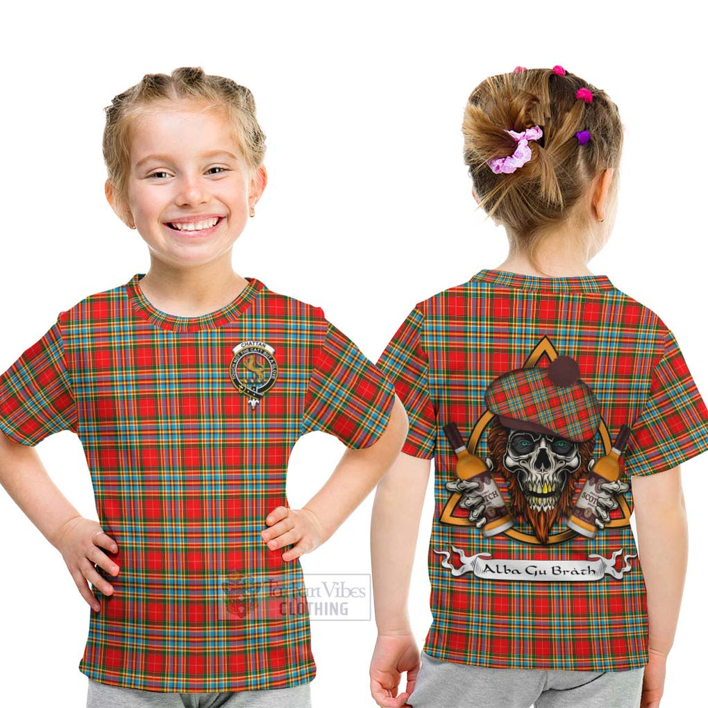 Tartan Vibes Clothing Chattan Tartan Kid T-Shirt with Family Crest and Bearded Skull Holding Bottles of Whiskey