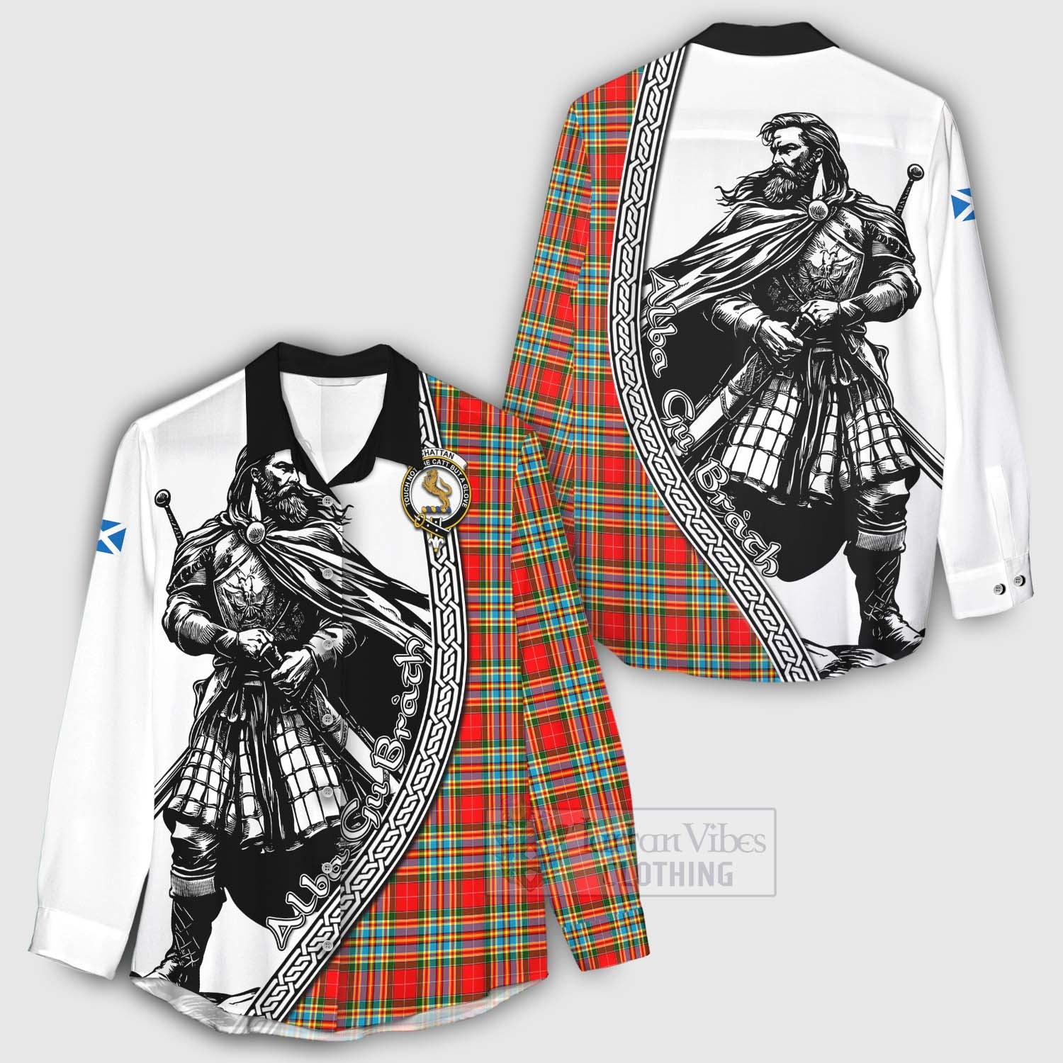 Tartan Vibes Clothing Chattan Tartan Clan Crest Women's Casual Shirt with Highlander Warrior Celtic Style