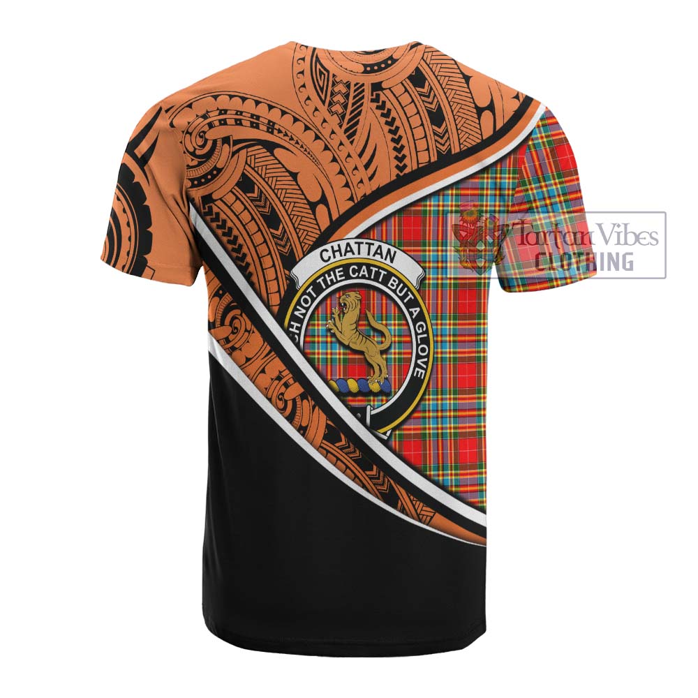 Tartan Vibes Clothing Chattan Crest Tartan Cotton T-shirt with Maori Tattoo Style - Orange Version