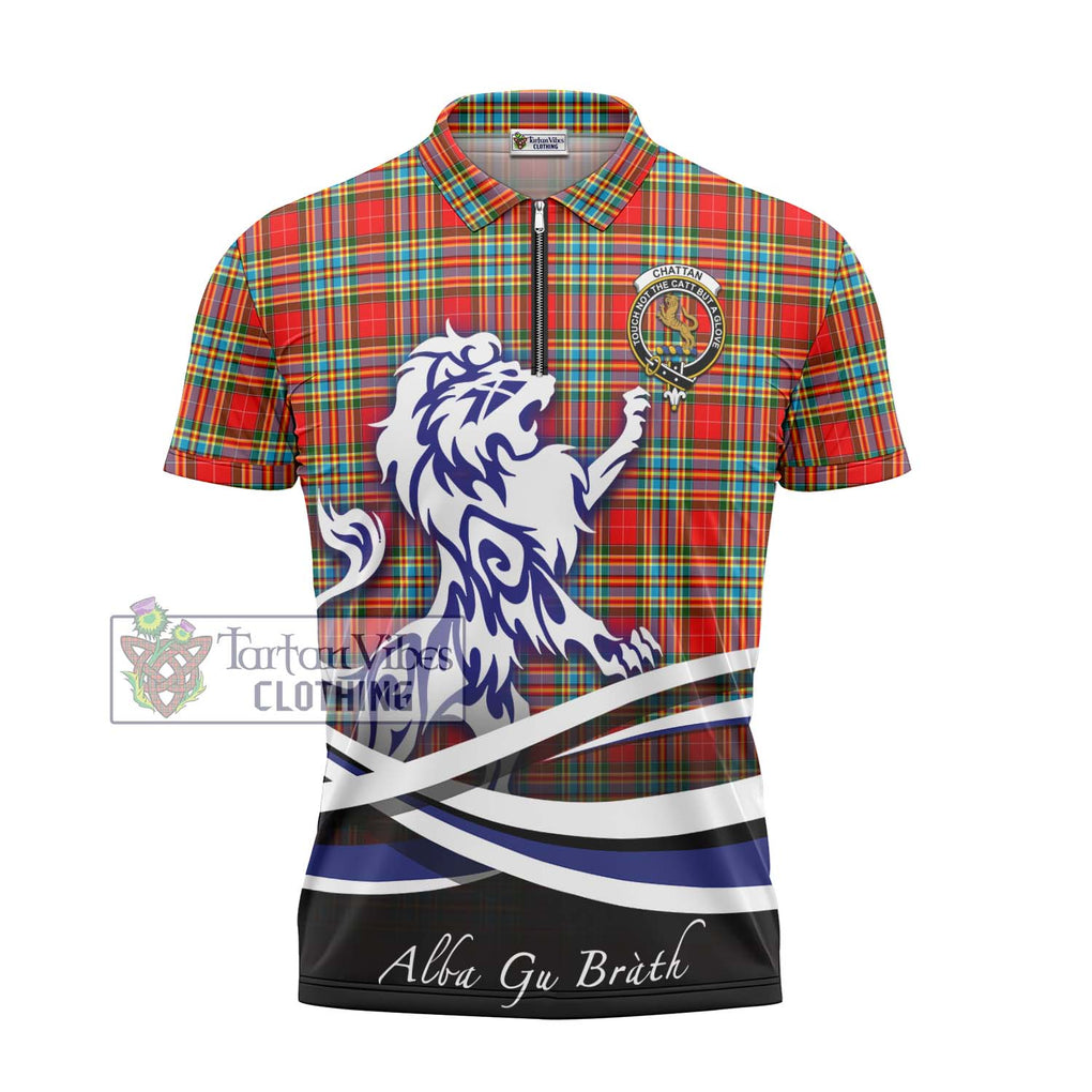 Chattan Tartan Zipper Polo Shirt with Alba Gu Brath Regal Lion Emblem - Tartanvibesclothing Shop