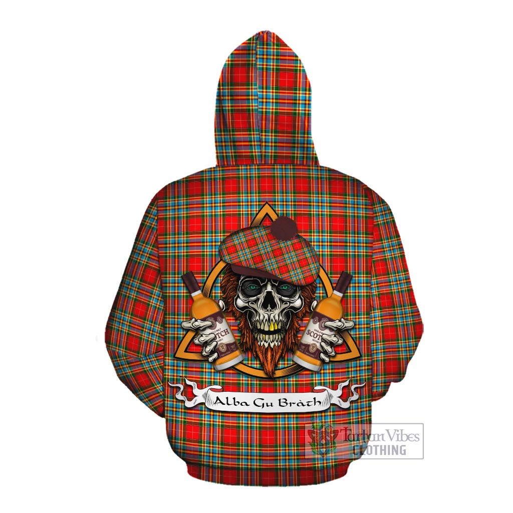 Tartan Vibes Clothing Chattan Tartan Cotton Hoodie with Family Crest and Bearded Skull Holding Bottles of Whiskey