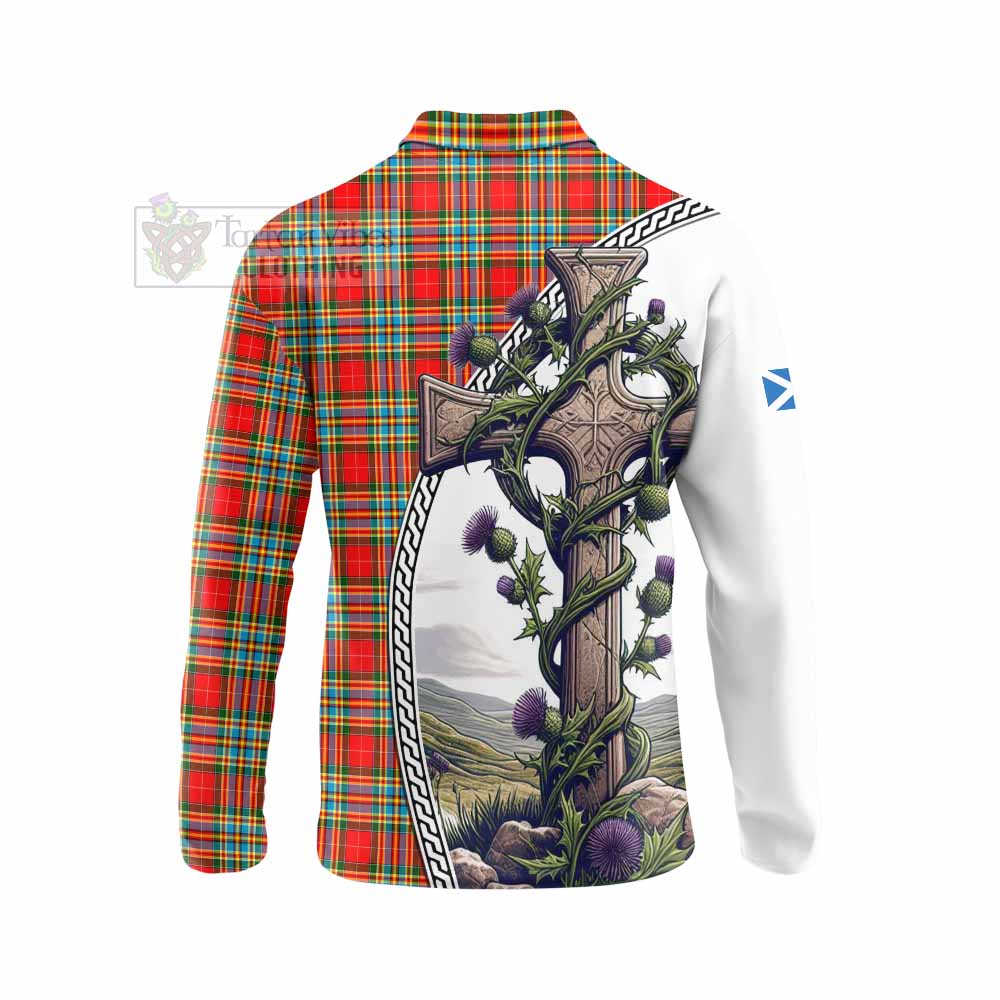 Tartan Vibes Clothing Chattan Tartan Long Sleeve Polo Shirt with Family Crest and St. Andrew's Cross Accented by Thistle Vines