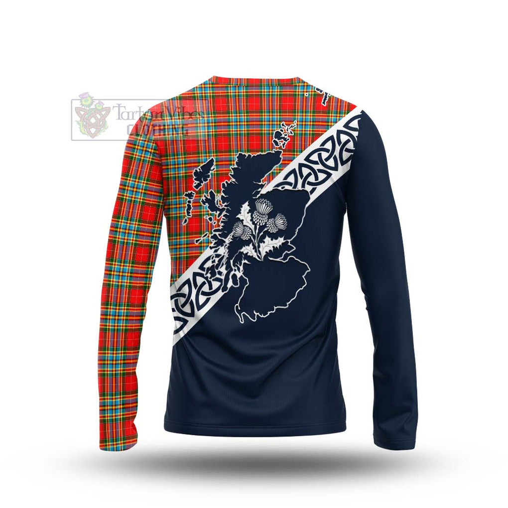 Tartan Vibes Clothing Chattan Tartan Long Sleeve T-Shirt Featuring Thistle and Scotland Map