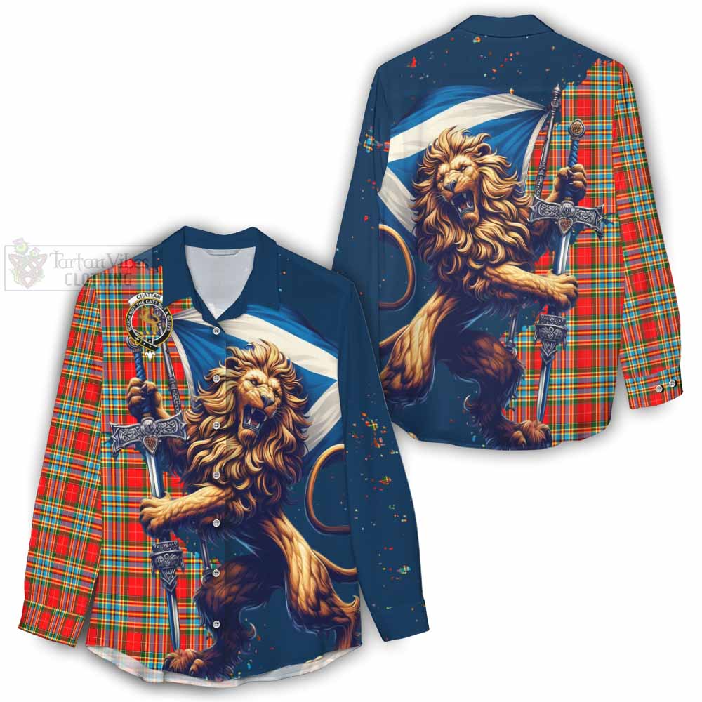 Tartan Vibes Clothing Chattan Tartan Family Crest Women's Casual Shirt with Scottish Majestic Lion