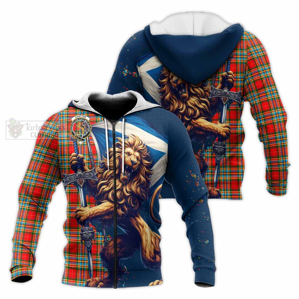 Tartan Vibes Clothing Chattan Tartan Family Crest Knitted Hoodie with Scottish Majestic Lion