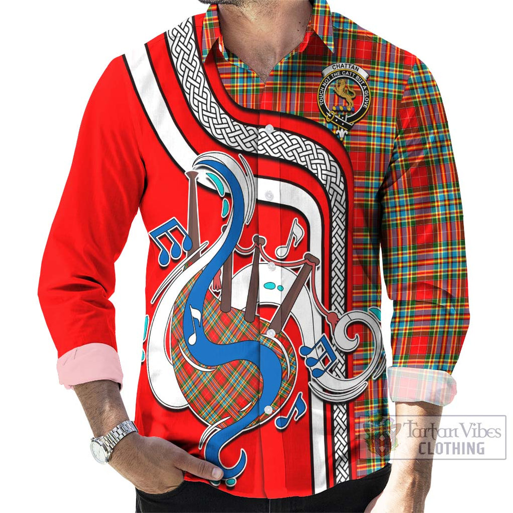 Chattan Tartan Long Sleeve Button Shirt with Epic Bagpipe Style - Tartanvibesclothing Shop