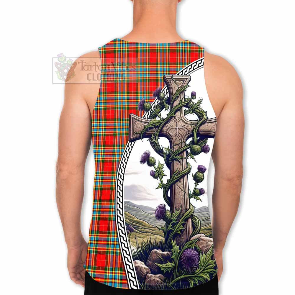 Tartan Vibes Clothing Chattan Tartan Men's Tank Top with Family Crest and St. Andrew's Cross Accented by Thistle Vines