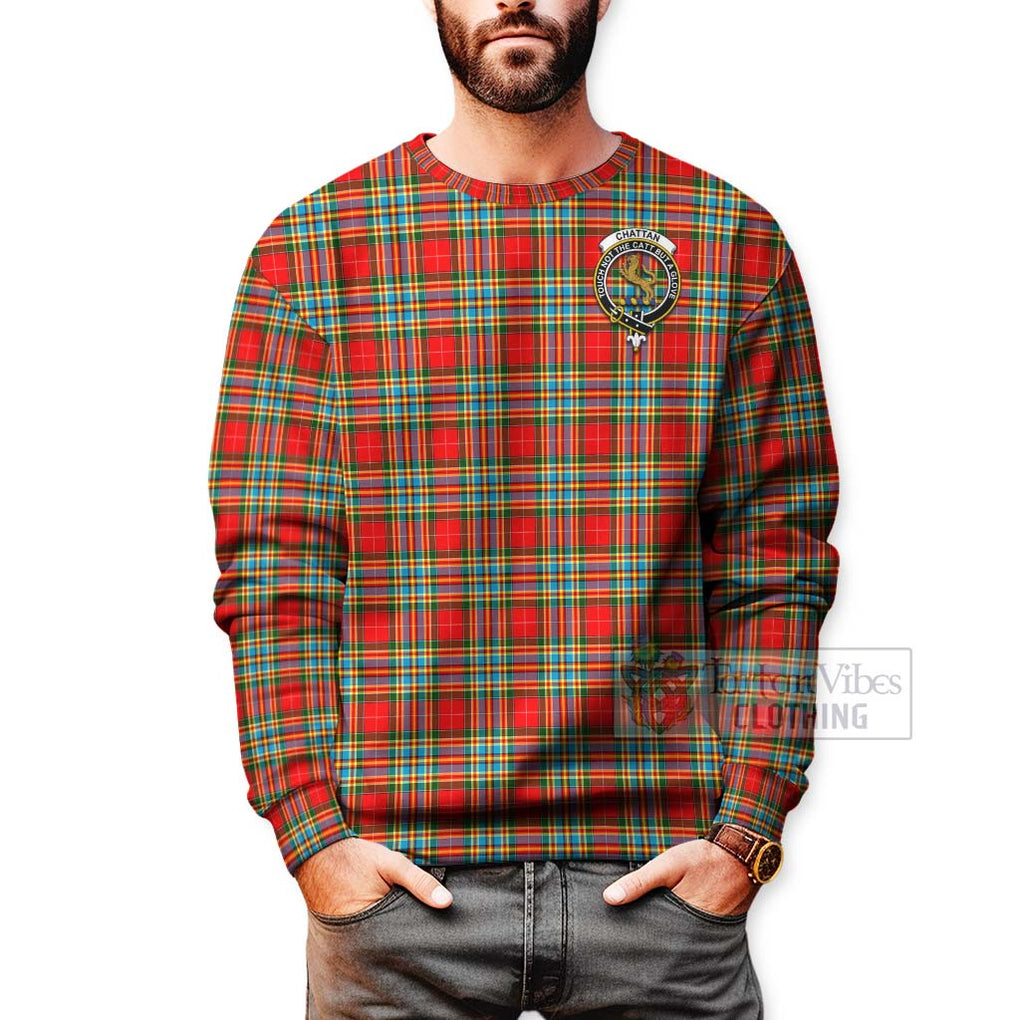 Tartan Vibes Clothing Chattan Tartan Sweatshirt with Family Crest and Bearded Skull Holding Bottles of Whiskey