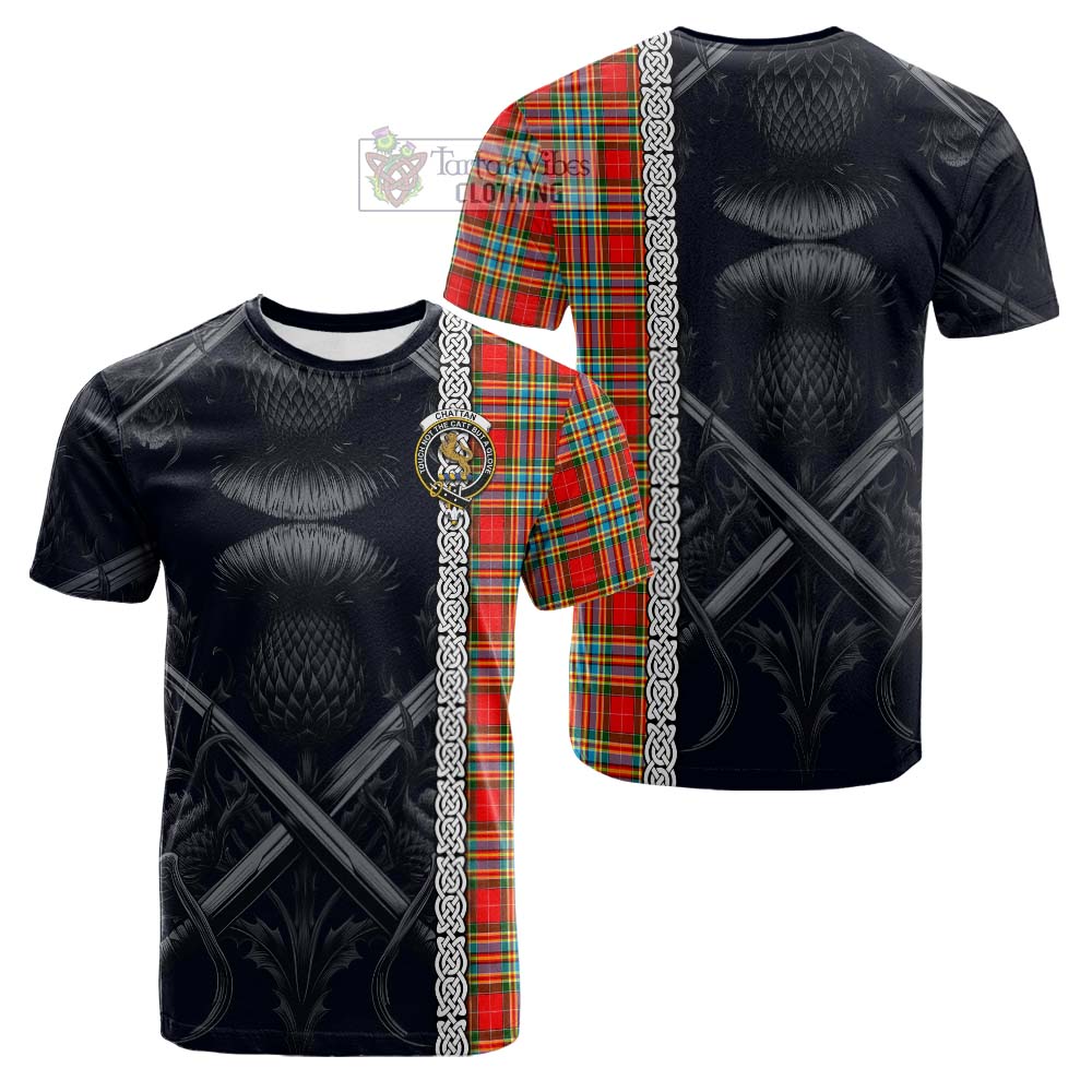 Tartan Vibes Clothing Chattan Tartan Cotton T-shirt with Family Crest Cross Sword Thistle Celtic Vibes