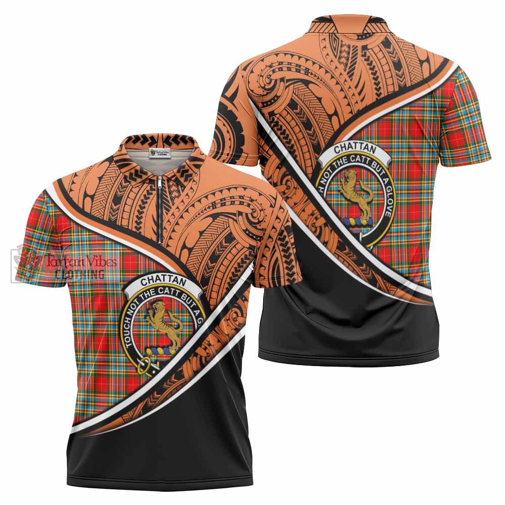 Tartan Vibes Clothing Chattan Crest Tartan Zipper Polo Shirt with Maori Tattoo Style - Orange Version