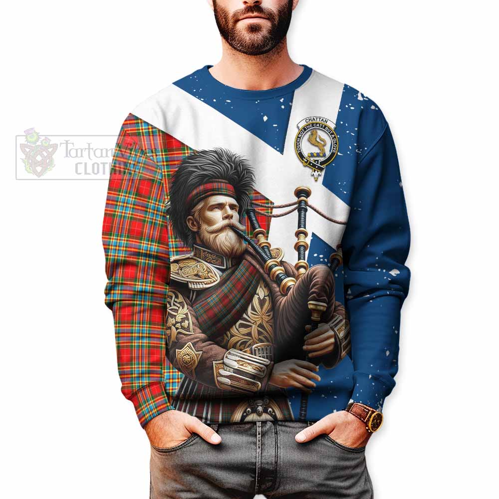 Tartan Vibes Clothing Chattan Tartan Sweatshirt with Family Crest Scottish Bagpiper Vibes