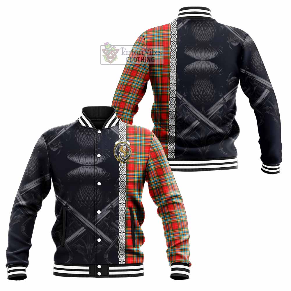 Tartan Vibes Clothing Chattan Tartan Baseball Jacket with Family Crest Cross Sword Thistle Celtic Vibes