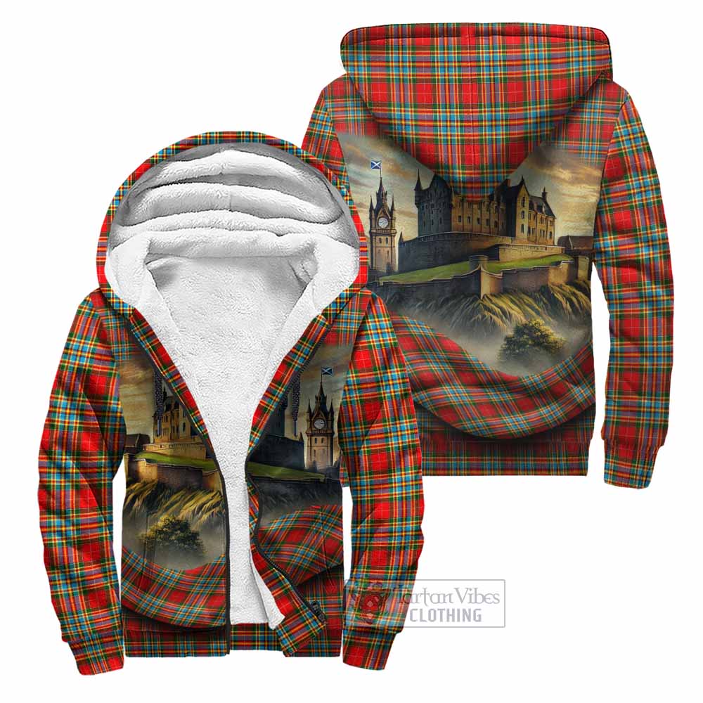 Chattan Tartan Family Crest Sherpa Hoodie with Scottish Ancient Castle Style Unisex - Tartan Vibes Clothing