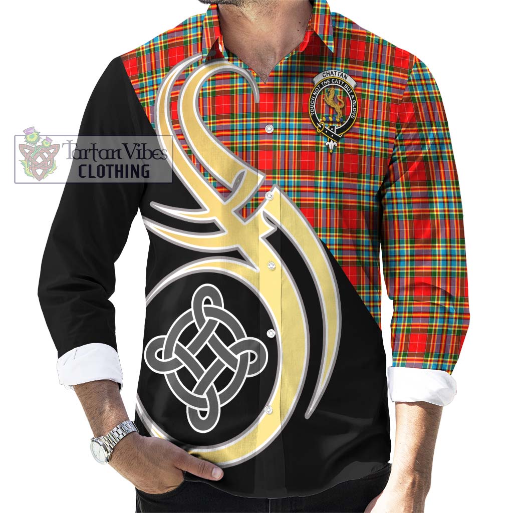 Chattan Tartan Long Sleeve Button Shirt with Family Crest and Celtic Symbol Style - Tartan Vibes Clothing