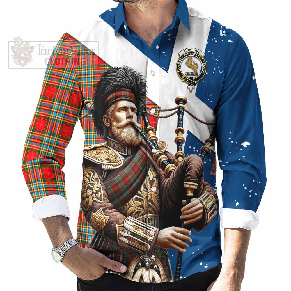 Tartan Vibes Clothing Chattan Tartan Long Sleeve Button Shirt with Family Crest Scottish Bagpiper Vibes