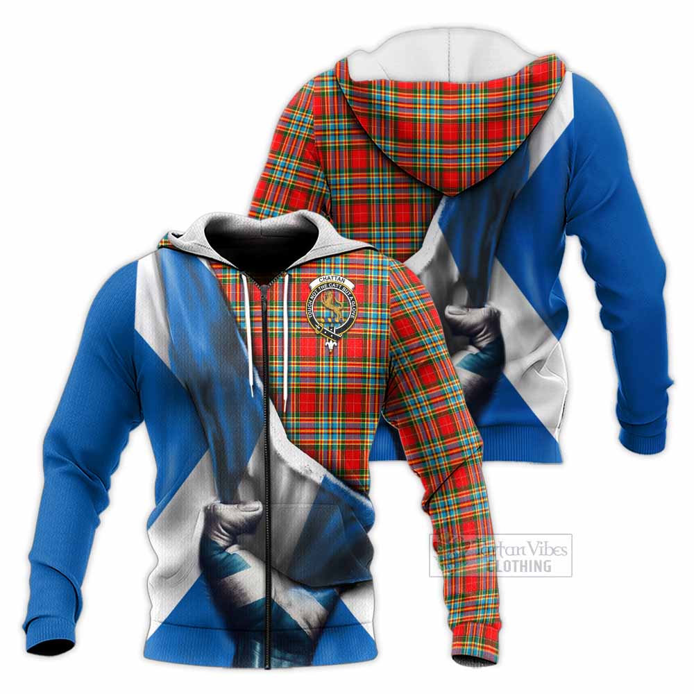 Tartan Vibes Clothing Chattan Tartan Knitted Hoodie with Family Crest Scotland Patriotic Style