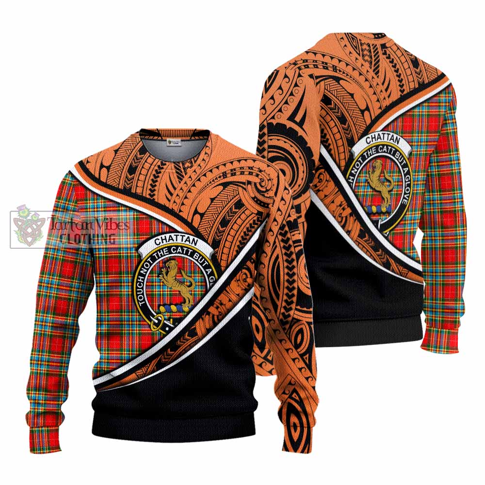 Tartan Vibes Clothing Chattan Crest Tartan Knitted Sweater with Maori Tattoo Style - Orange Version