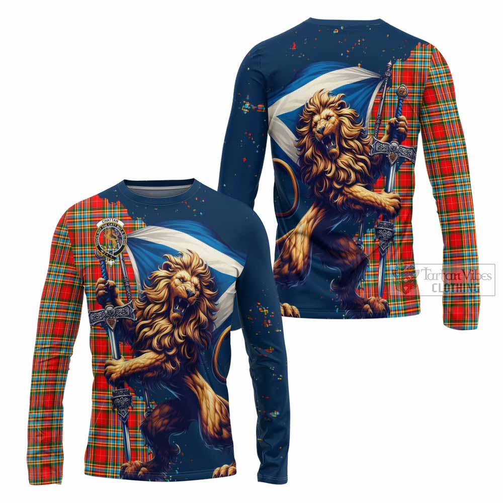 Tartan Vibes Clothing Chattan Tartan Family Crest Long Sleeve T-Shirt with Scottish Majestic Lion