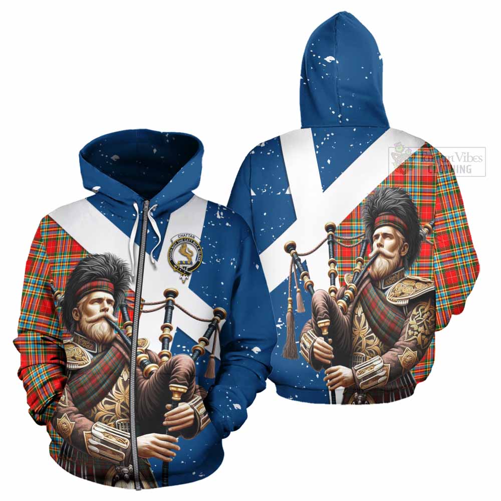 Tartan Vibes Clothing Chattan Tartan Hoodie with Family Crest Scottish Bagpiper Vibes