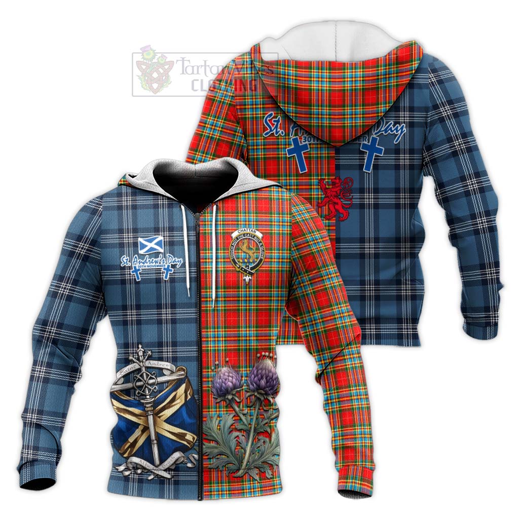 Tartan Vibes Clothing Chattan Tartan Knitted Hoodie Happy St. Andrew's Day Half Tartan Style