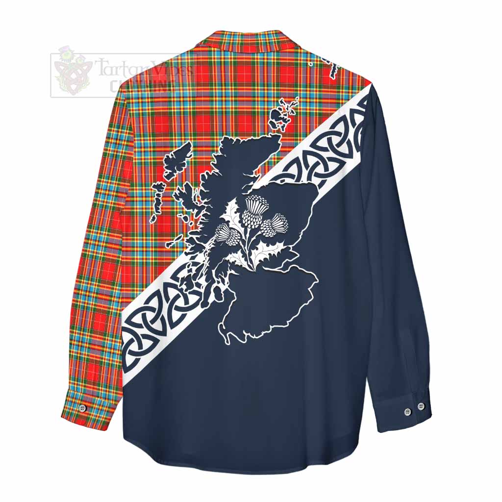 Tartan Vibes Clothing Chattan Tartan Women's Casual Shirt Featuring Thistle and Scotland Map